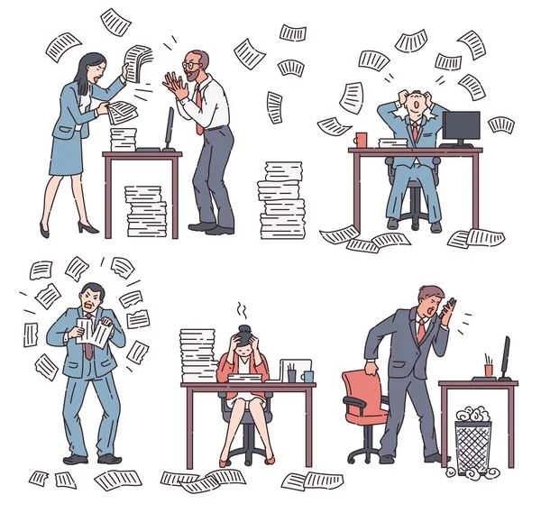 Office chaos and stress set of people sketch vector illustration isolated. — Stock Vector