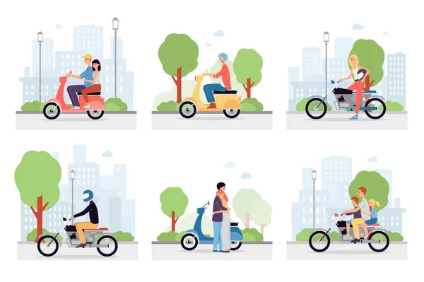 Motocykliści na ulicach miasta. Zbiór ilustracji wektorowych — Wektor stockowy