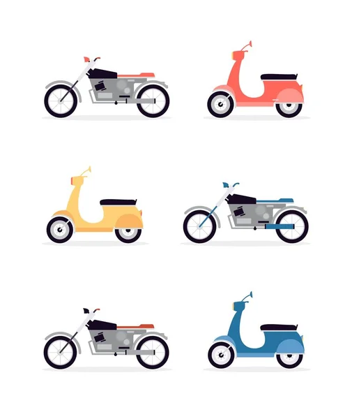 Conjunto de motocicletas, scooters e motos ilustração vetorial plana isolado . — Vetor de Stock