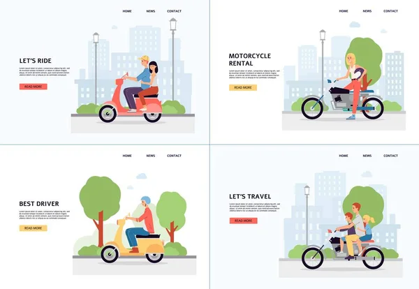Set banner modelli con persone guida moto piatto vettoriale illustrazione. — Vettoriale Stock