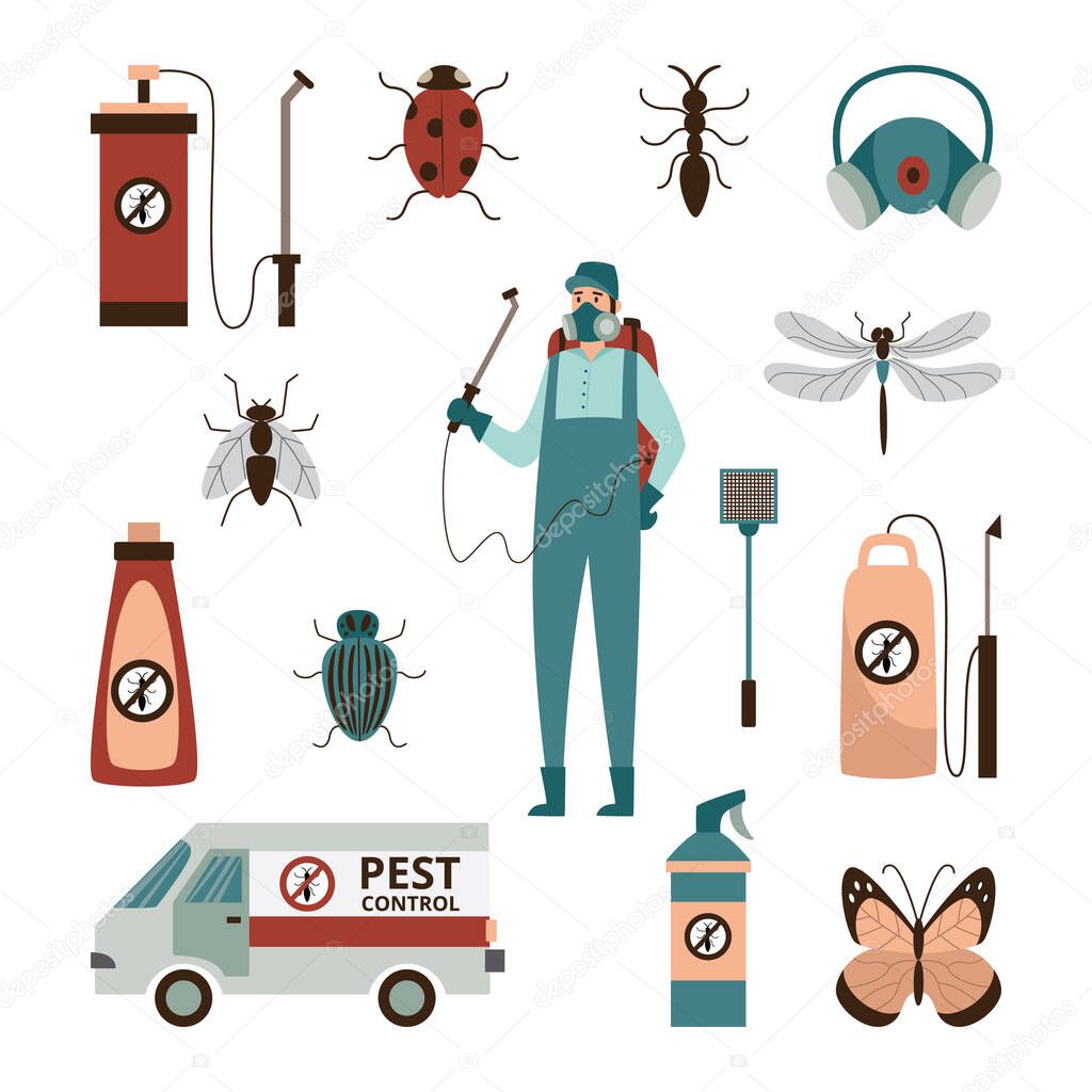 Set of pest control service signs or icons flat vector illustration isolated.