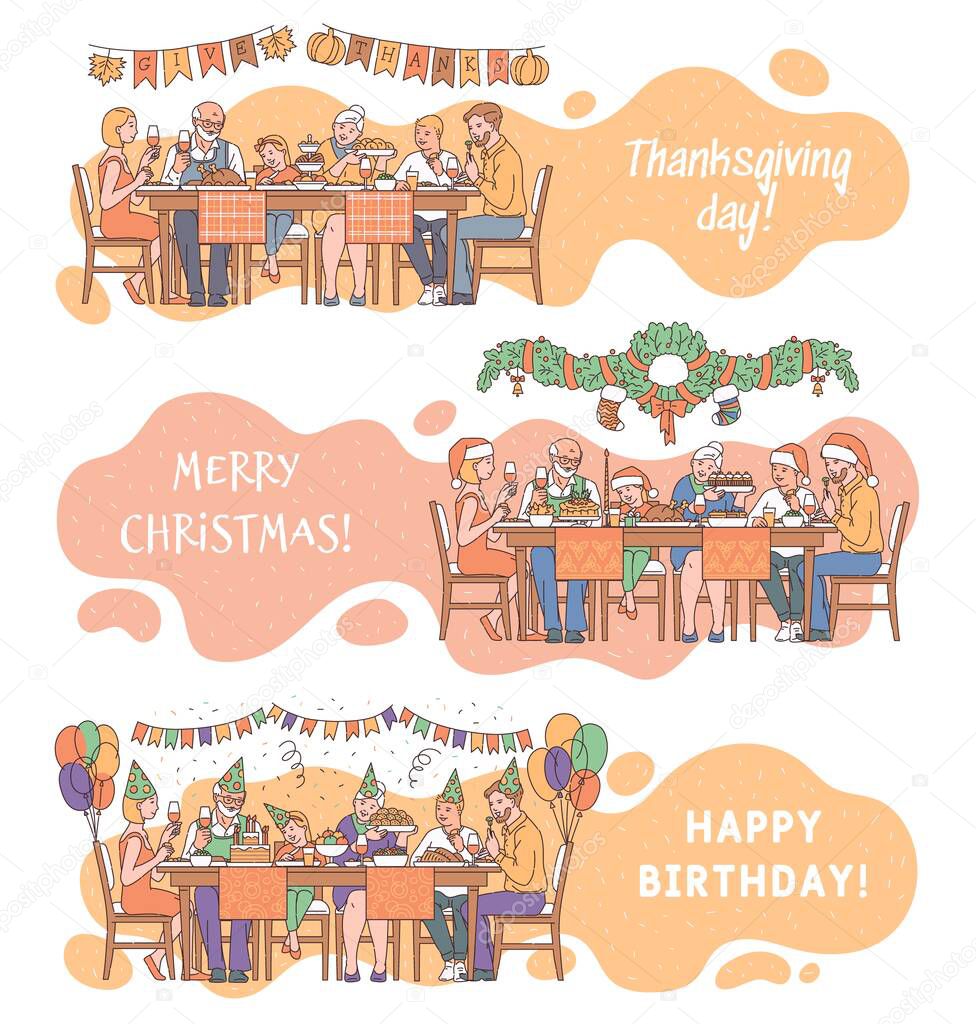 Set of family joint holiday dinner scenes sketch vector illustration isolated.