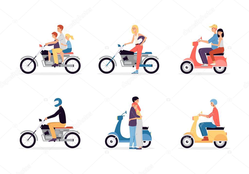 Motorcycle riders - set of vector illustrations isolated on a white background.