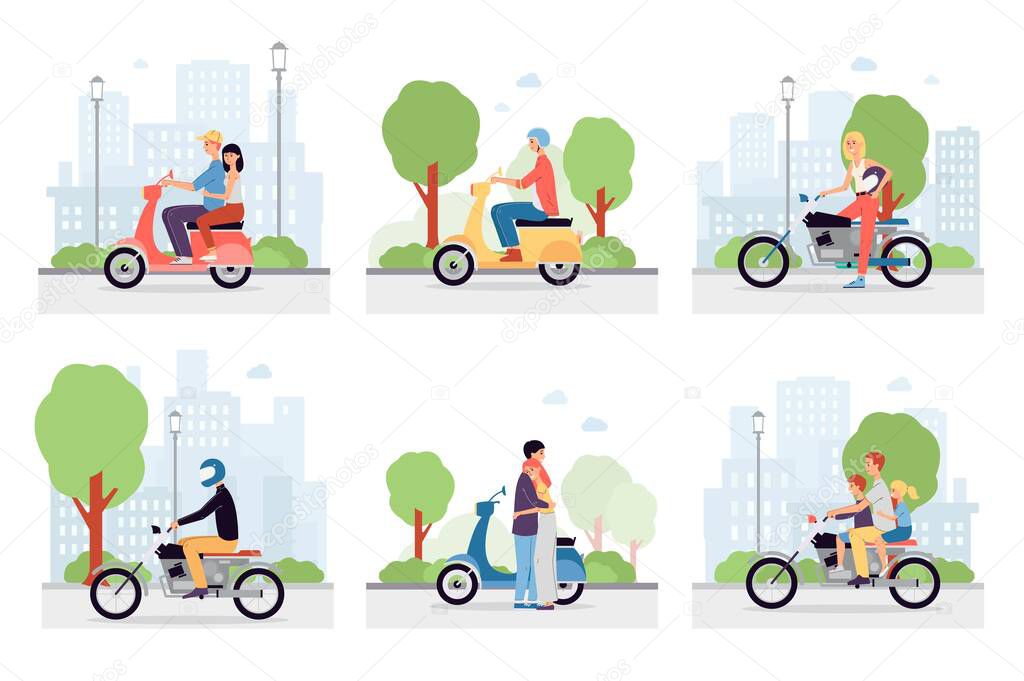 Motorcycle riders in the city streets. A set of vector illustrations