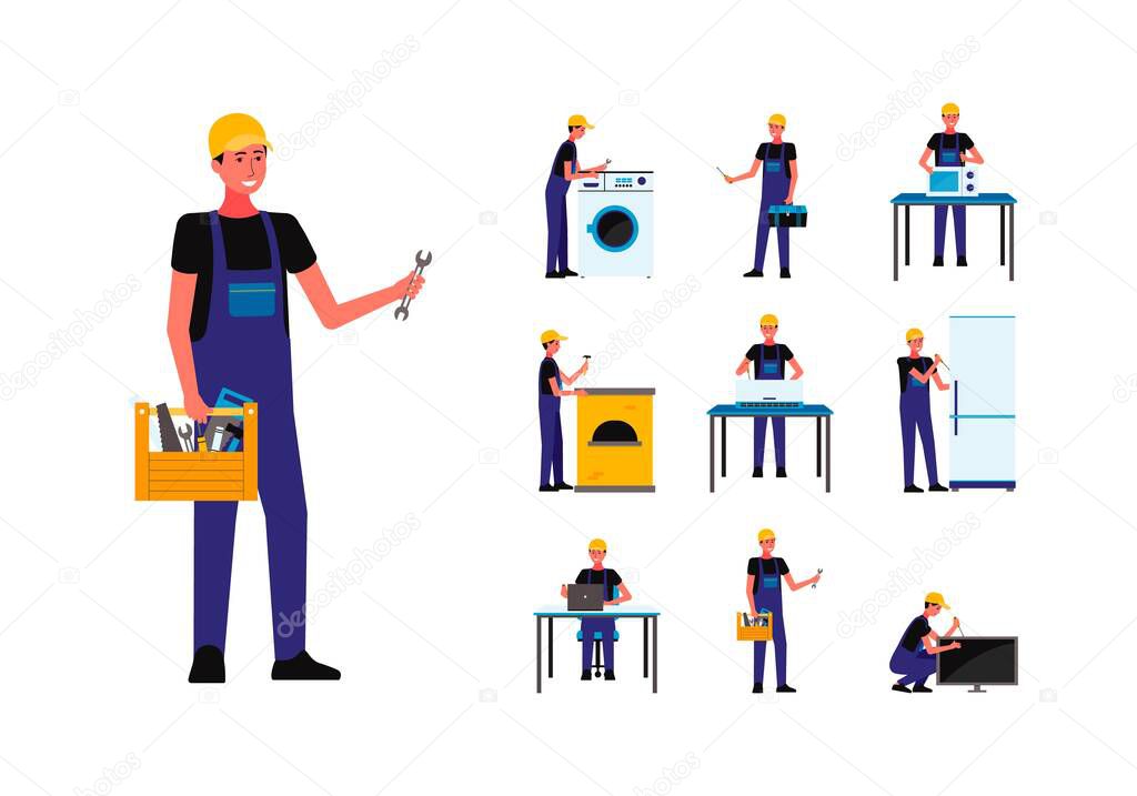 Kit of repairman character with appliances flat vector illustration isolated.