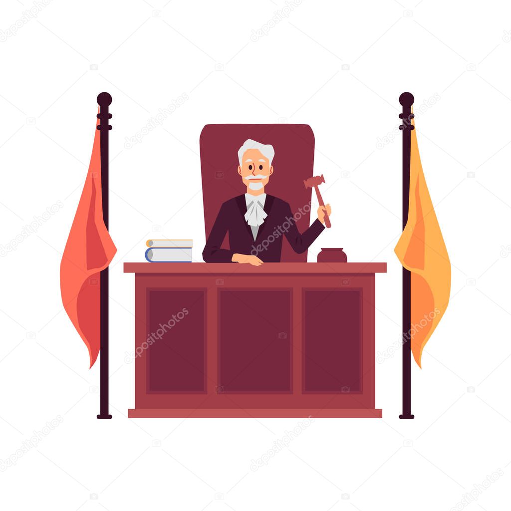 Cartoon judge man holding gavel sitting behind wooden bench desk with flags