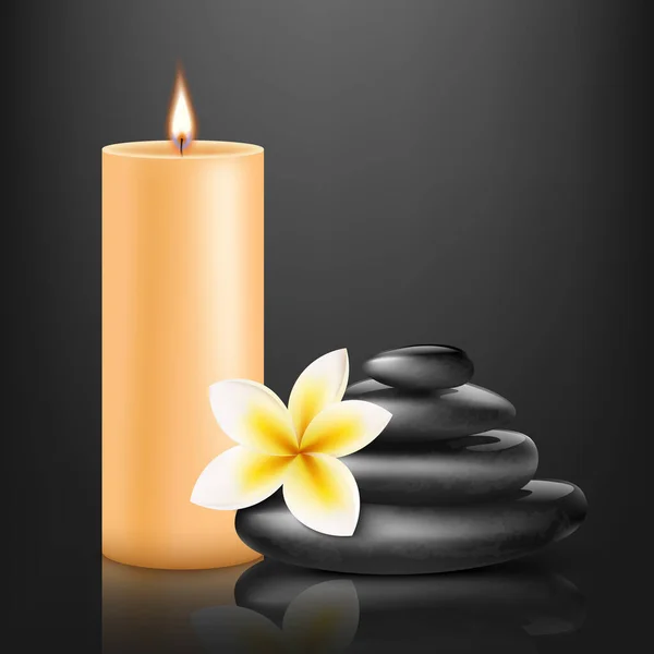 SPA massagem pedras pretas pilha com vela de aroma, ilustração vetorial realista . — Vetor de Stock