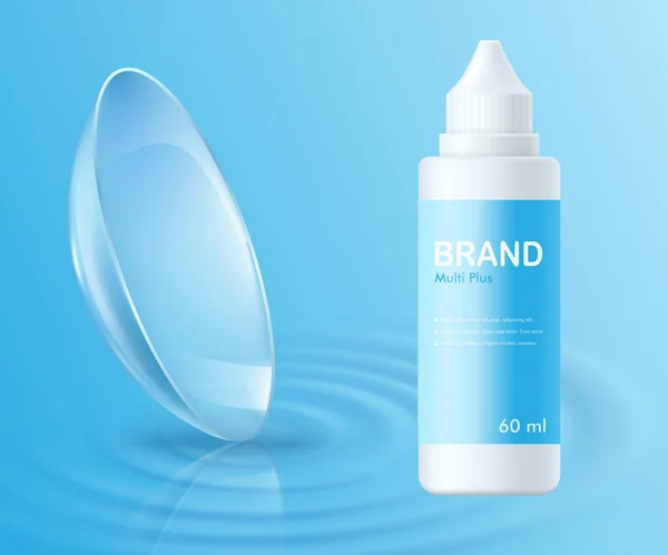 Πρότυπο για τους φακούς επαφής μάτι διαφήμιση με μπουκάλι ρεαλιστική διανυσματική απεικόνιση. — Διανυσματικό Αρχείο