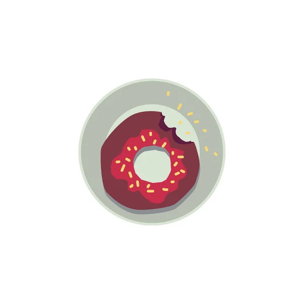 Donut de chocolate com marca de mordida, esmalte vermelho e salpicos amarelos da vista superior — Vetor de Stock