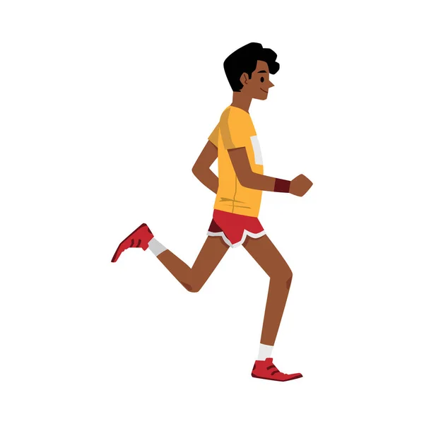 Çizgi film koşucusunun yaz sporu kıyafetleriyle koşuşunun yan görüntüsü — Stok Vektör