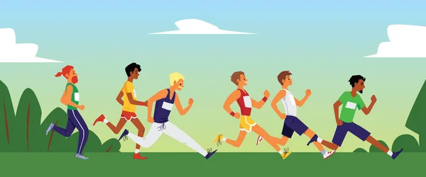 Correr maratón en la naturaleza de verano - bandera plana con corredores masculinos en carrera — Vector de stock