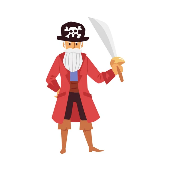 Viejo pirata enojado - personaje de dibujos animados aislado en sombrero de cráneo con espada — Vector de stock