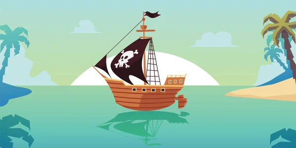 Velero pirata en el paisaje marino tropical, ilustración plana vector de dibujos animados . — Vector de stock