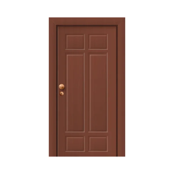 Dřevěné hnědé dveře s klikou maketa, realistické vektorové ilustrace izolované. — Stockový vektor