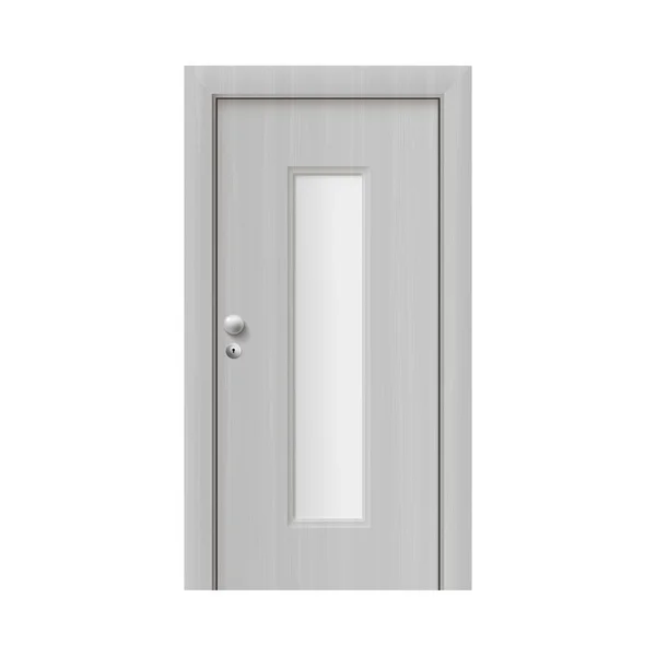 Realistic white interior door with matte narrow rectangle glass window — Stock Vector