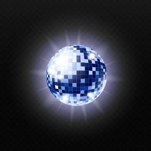 Realistické modré disco koule zářící na černém pozadí, třpytivé zrcadlo koule — Stockový vektor
