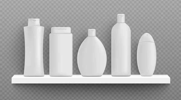 Realistische shampoo fles mockup set op badkamer plank — Stockvector