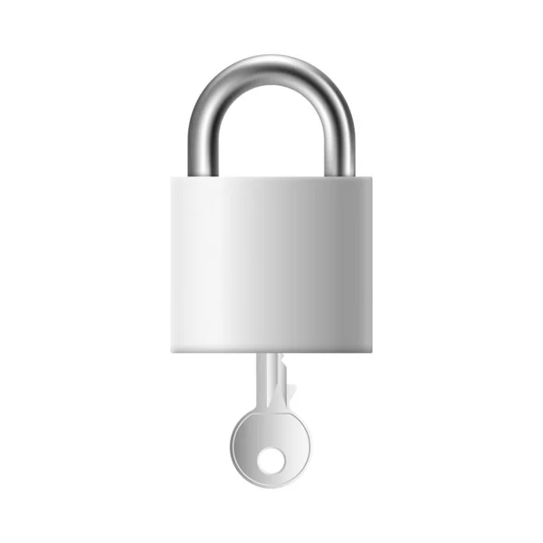 Cadeado de metal prateado com chave inserida - pequeno bloqueio de aço realista — Vetor de Stock