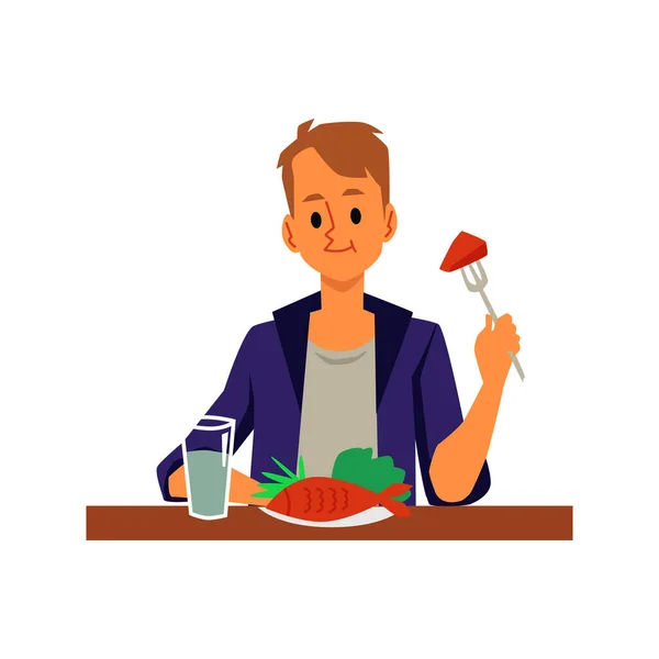 Man cartoon character eating fish dish, flat vector illustration isolated. — Stock Vector