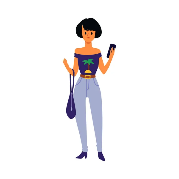 Personaje de mujer con smartphone en las manos, ilustración vectorial plana aislada . — Vector de stock