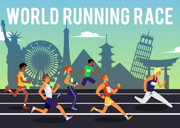 Affiche de course mondiale avec compétition internationale de sprinteurs — Image vectorielle