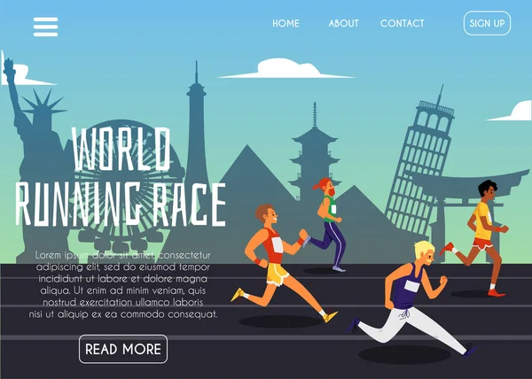 World running race website banner with runners on landmark background — Stock Vector