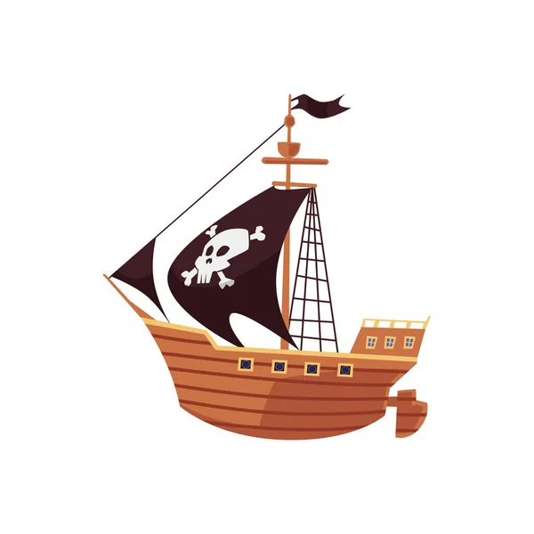 Cartoon pirate ship with black flag and sails with skull and crossbones — Stock Vector