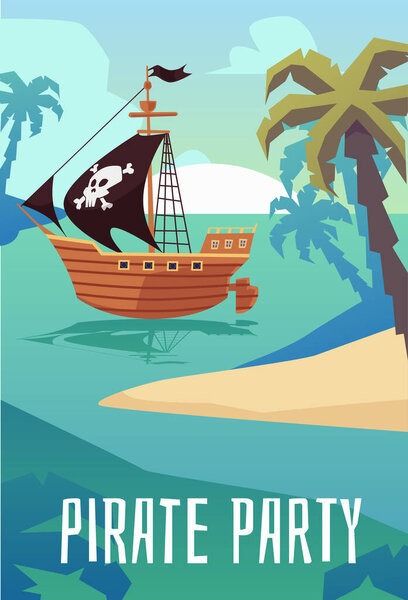 Pirate party poster with wooden sailboat ship in sea near tropical islands