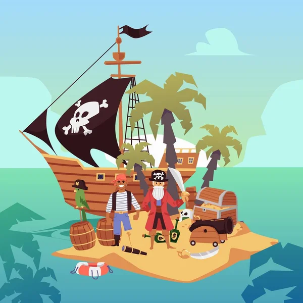 Barco pirata en la isla del tesoro - piratas de dibujos animados con oro y armas — Vector de stock