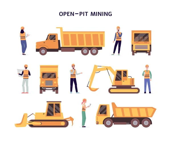 Conjunto de minería a cielo abierto de equipos de construcción vector plano ilustración aislado. — Vector de stock