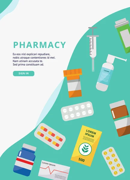 Farmácia médica e banner farmácia e cartaz com pílulas . —  Vetores de Stock