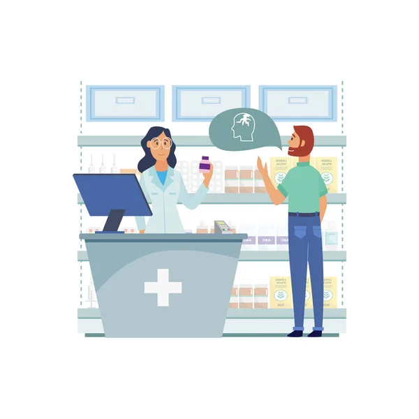 Femme médecin et pharmacien avec l'homme client dans la pharmacie. — Image vectorielle