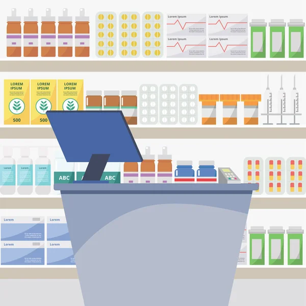 Pharmacy and drugstore counter with table and computer, shelves with medicines, tablets and pills. — Stock Vector