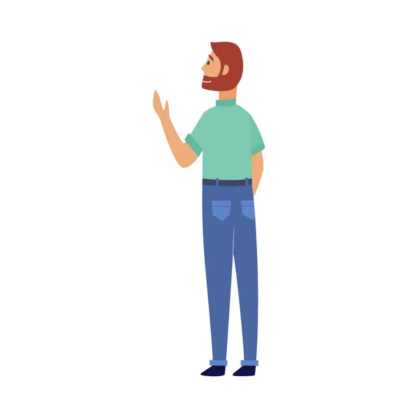 El personaje de un hombre con una barba roja en una camiseta y pantalones vaqueros está de pie con la espalda . — Archivo Imágenes Vectoriales