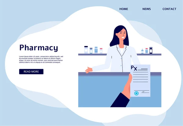 Banner e modelo de página de destino com paciente de mão segurando prescrição médica —  Vetores de Stock