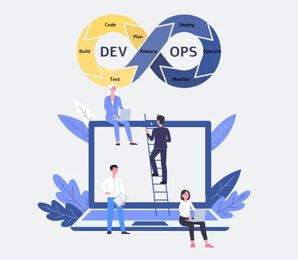 DevOps szoftver és fejlesztési műveletek csapat nő és férfi programozó. — Stock Vector