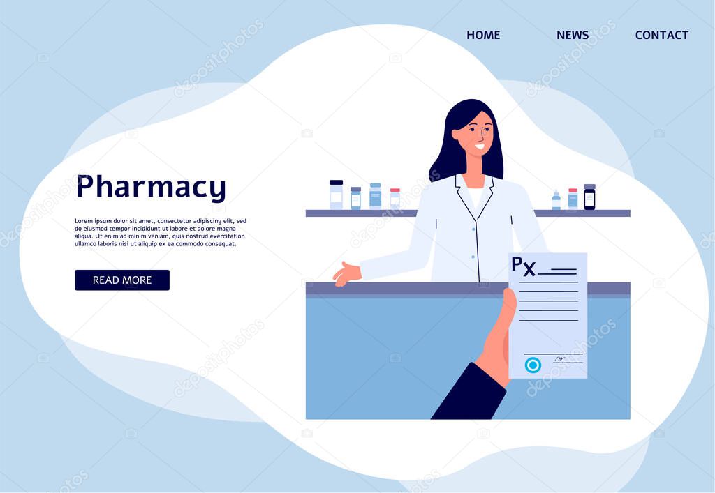 Banner and landing page template with hand patient holding medical doctor prescription
