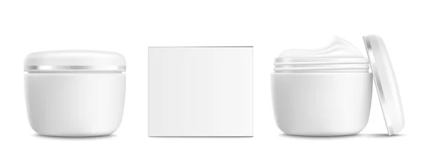 Βάζο κρέμας ρεαλιστικό mockup set-λευκό πλαστικό δοχείο του προϊόντος ομορφιάς προσώπου — Διανυσματικό Αρχείο