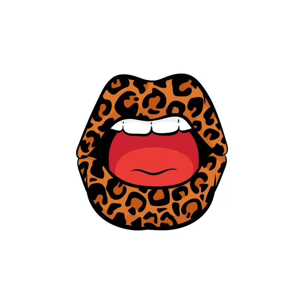 Bocca donna aperta con stampa leopardata su labbra icona vettoriale illustrazione isolata. — Vettoriale Stock