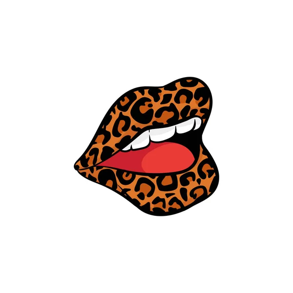 Lachende lippen met luipaard print - cartoon sticker van vrouwelijke glimlach — Stockvector