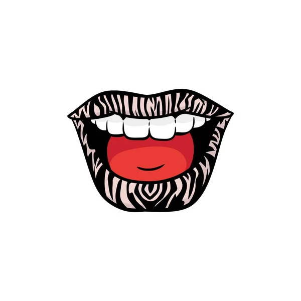 Sonrisa femenina con lápiz labial de impresión de cebra - etiqueta adhesiva aislada colorida — Vector de stock