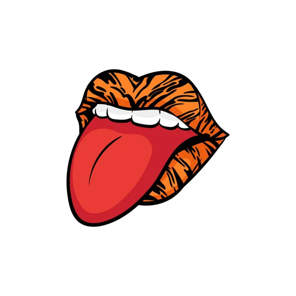 Labios de dibujos animados con rayas naranjas y negras y lengua roja sobresaliendo — Vector de stock