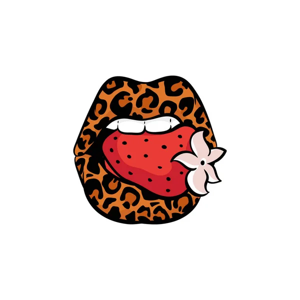 Donne labbra leopardo colorato con fragola fumetto vettore illustrazione isolato. — Vettoriale Stock