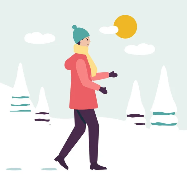 Una mujer camina en un abrigo de invierno en el parque, abetos en la nieve y el sol . — Vector de stock