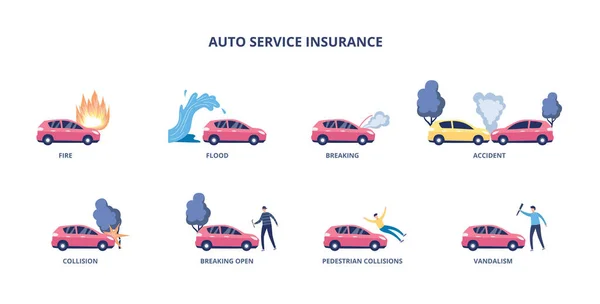 Uppsättning av auto försäkringsfall för pengarna ersättning platt vektor illustration. — Stock vektor