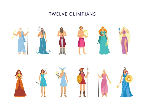 Dvanáct olympioniků řeckých bohů a bohyň, ploché vektorové ilustrace izolované. — Stockový vektor