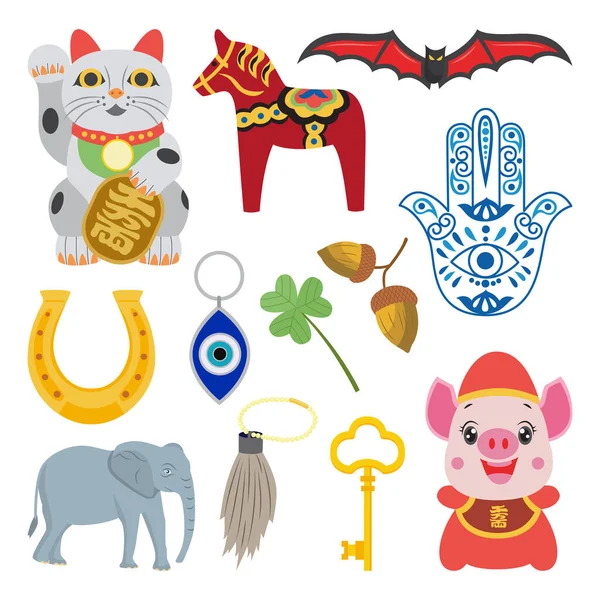 Veel geluk fortuin symbool set - cartoon amulet, talisman en geluksbrenger — Stockvector