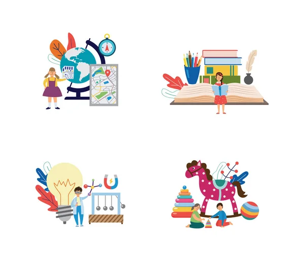 Ilustraciones educativas - kindergarten, literatura, geografía y física . — Vector de stock