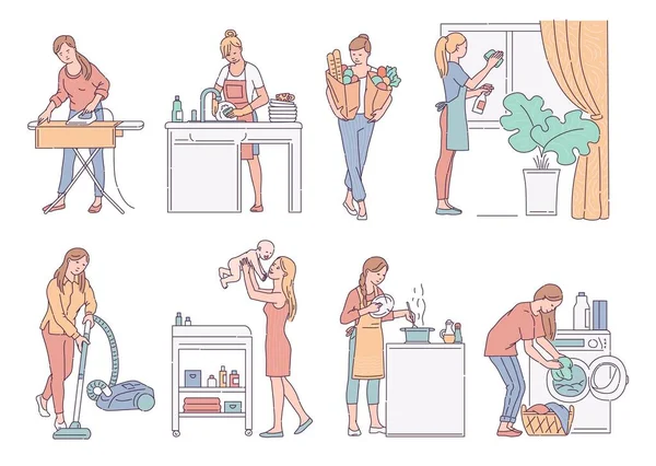 Housewife εκτελεί οικιακή εργασία δραστηριότητα, σκίτσο διάνυσμα απομονωμένη εικονογράφηση σύνολο. — Διανυσματικό Αρχείο