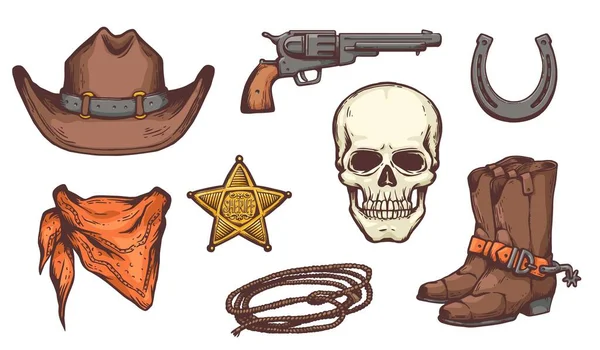 Vahşi Batı sembolü çizimi, set - kovboy şapkası, çizmeler, silah ve kafatası — Stok Vektör